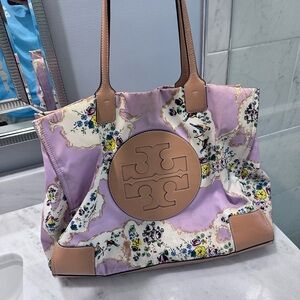 Tory Burch Lavender and Tan Floral Tote